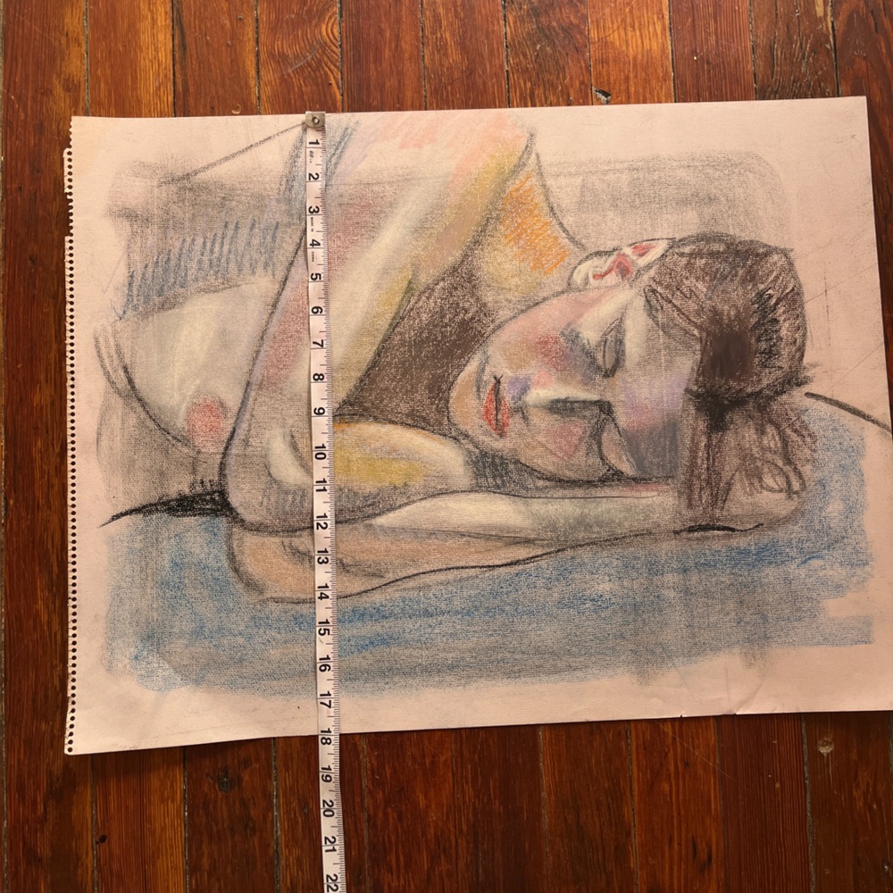 Original Found ART!  Unsigned Pastel Portrait Art Print in Blue, Brown, Cream